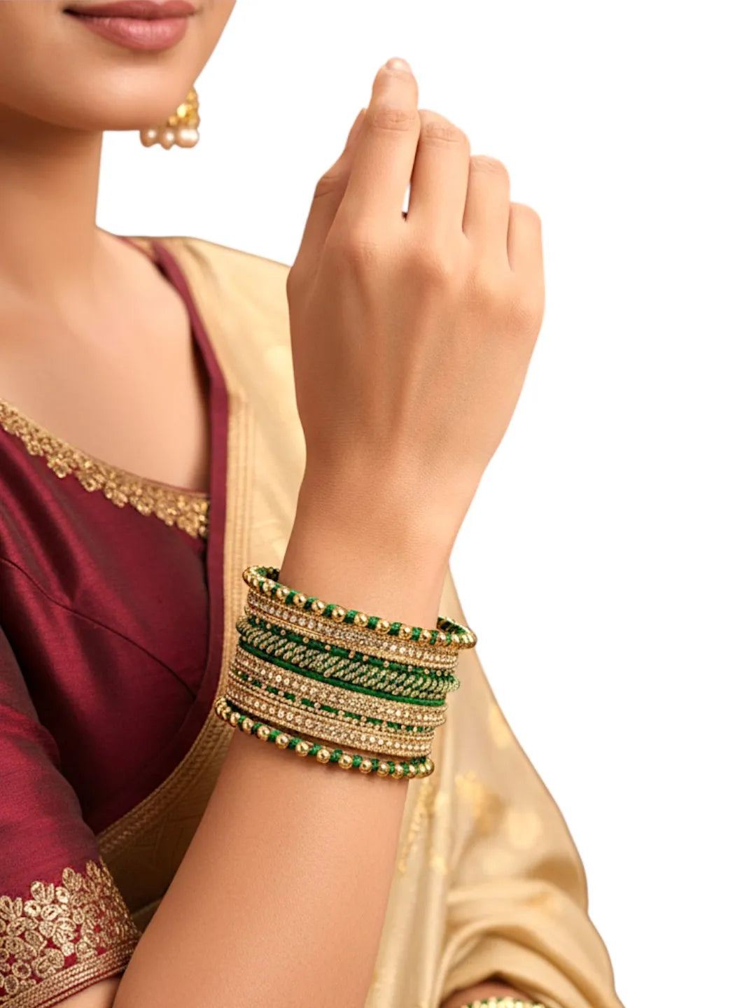 Gold Plated Set Of 11 CZ Green Silk Bangle set