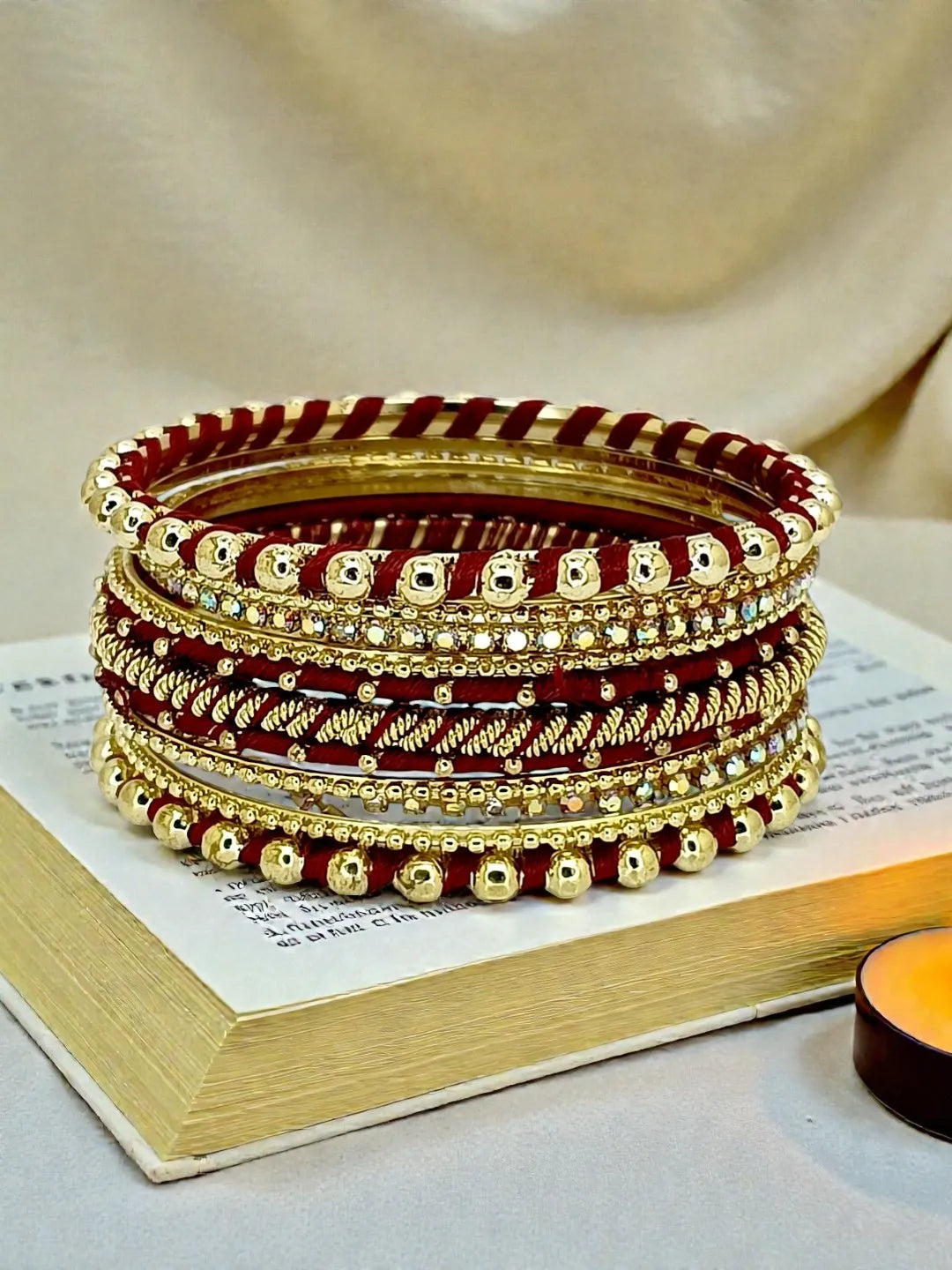 Gold Plated Set Of 11 CZ Maroon Silk Bangle set