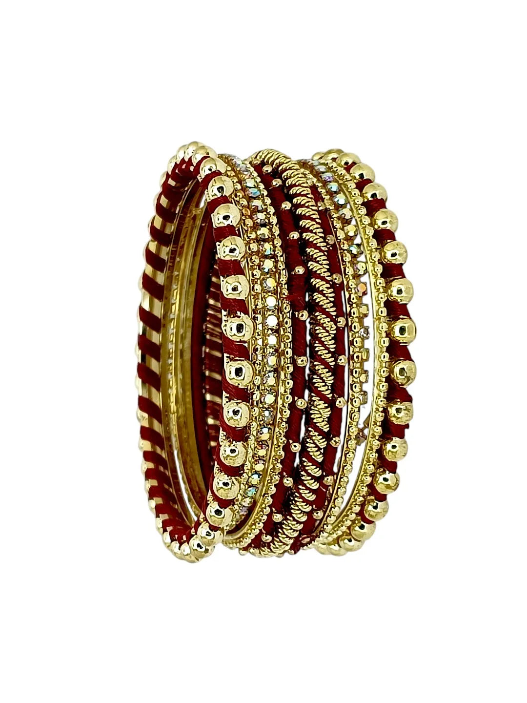 Gold Plated Set Of 11 CZ Maroon Silk Bangle set