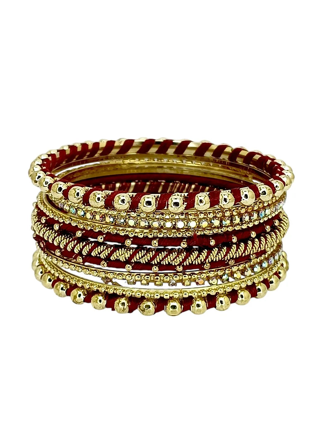 Gold Plated Set Of 11 CZ Maroon Silk Bangle set