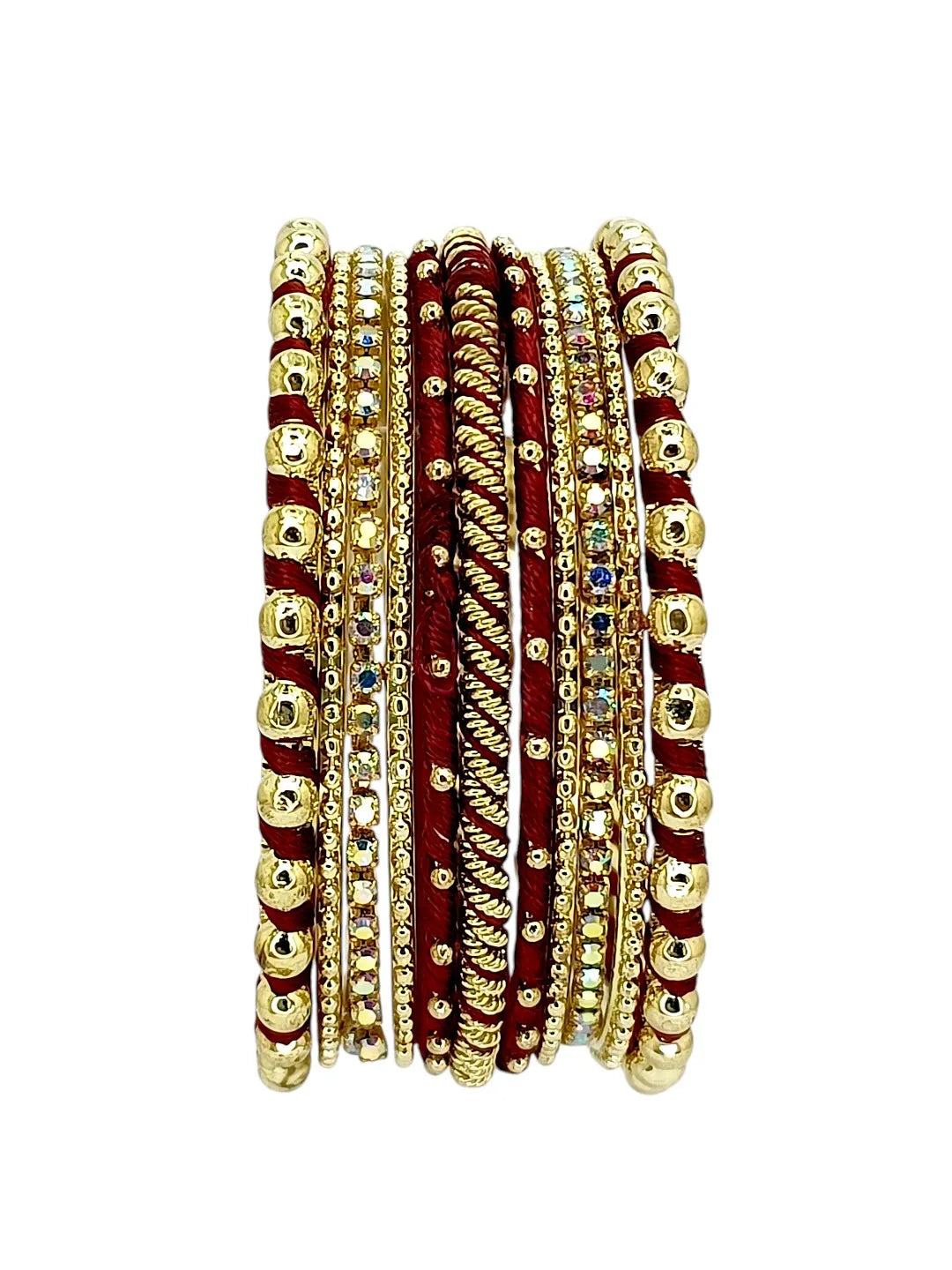 Gold Plated Set Of 11 CZ Maroon Silk Bangle set