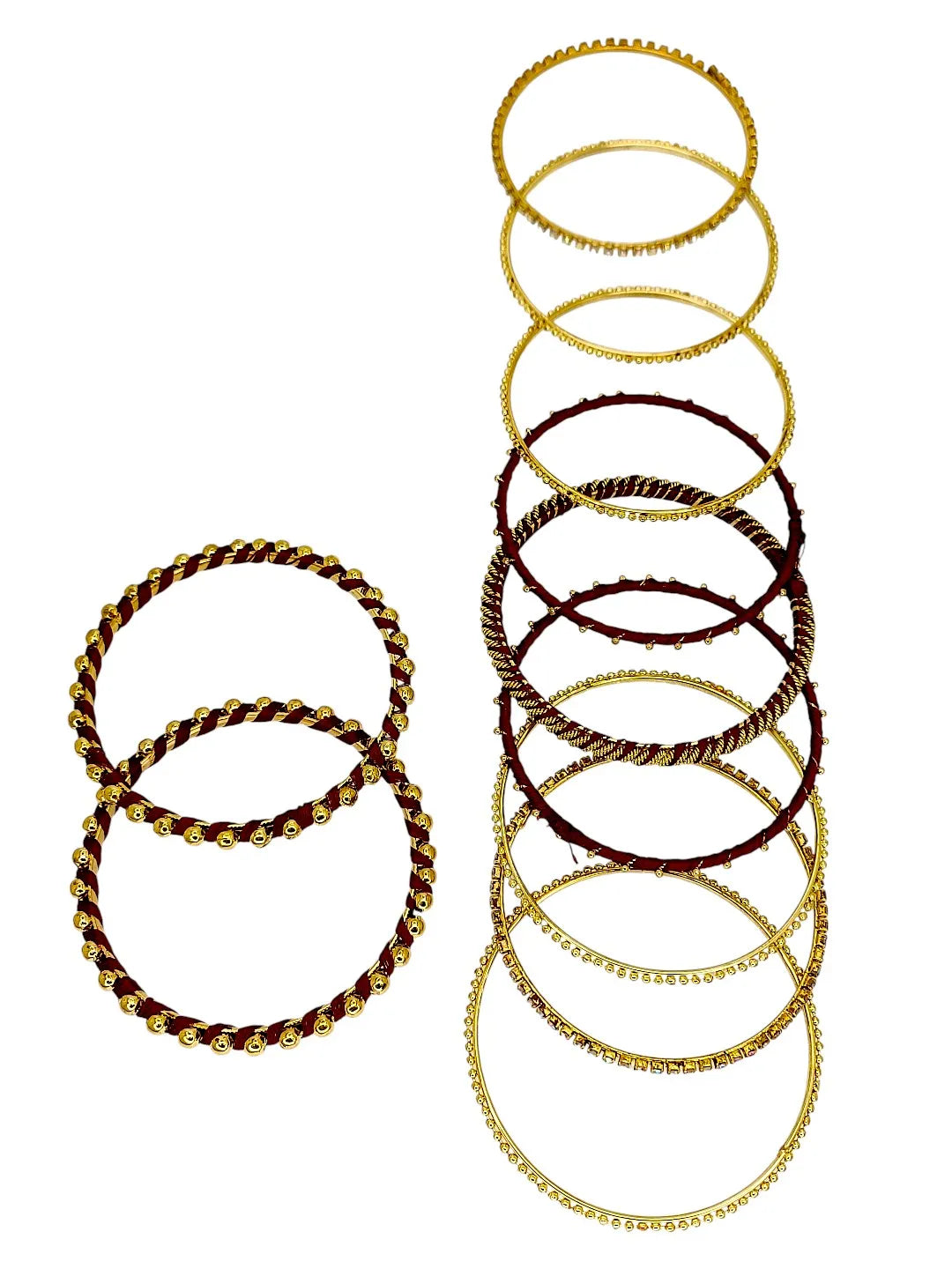 Gold Plated Set Of 11 CZ Maroon Silk Bangle set