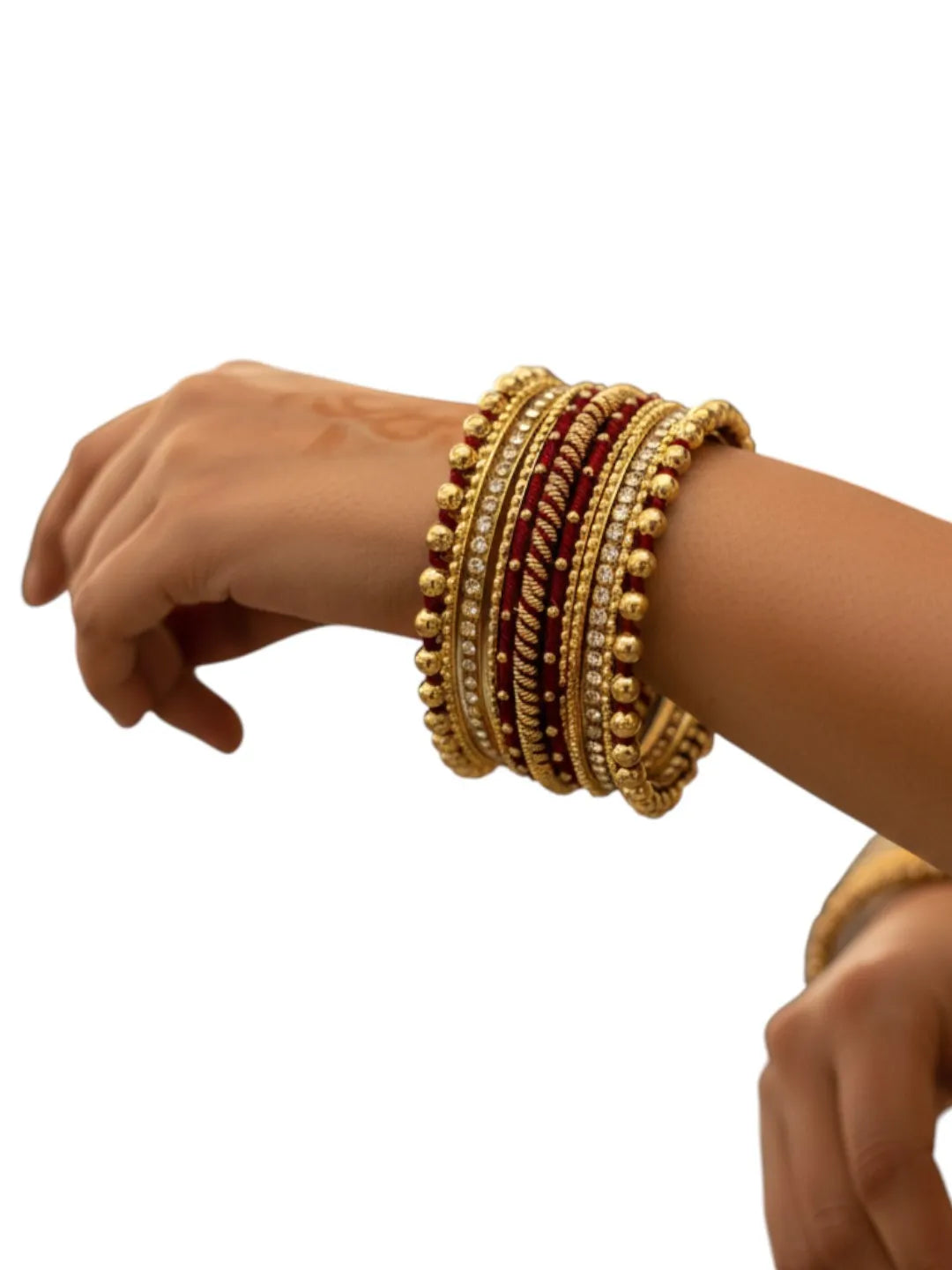 Gold Plated Set Of 11 CZ Maroon Silk Bangle set