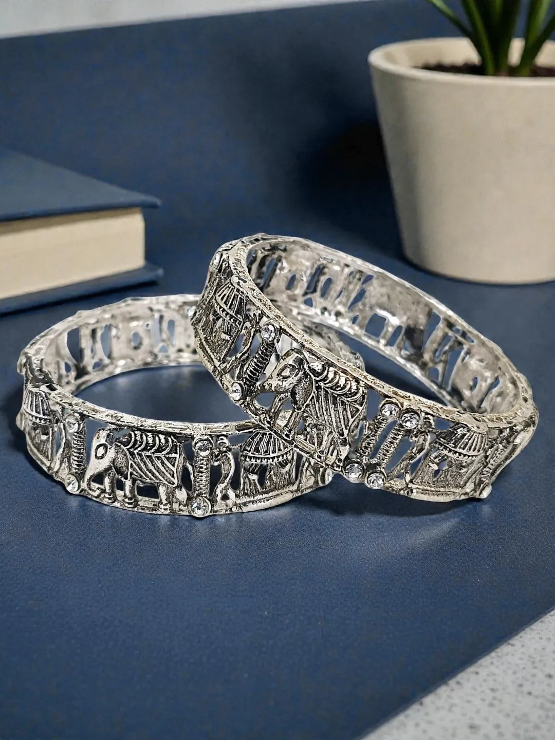 Set Of 2 Silver Oxidised CZ Elephant & Bridal Doli Motif Bangles
