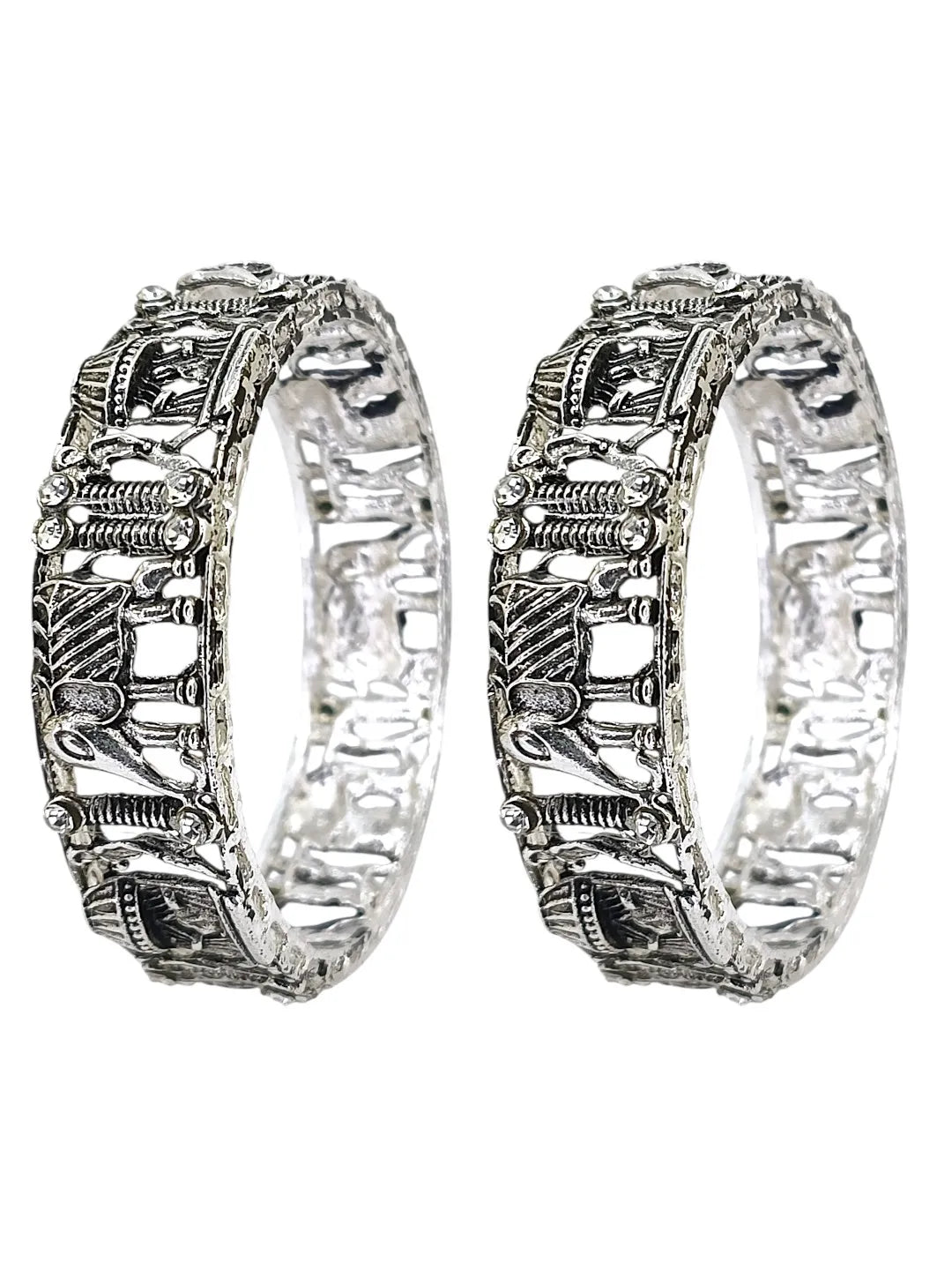 Set Of 2 Silver Oxidised CZ Elephant & Bridal Doli Motif Bangles