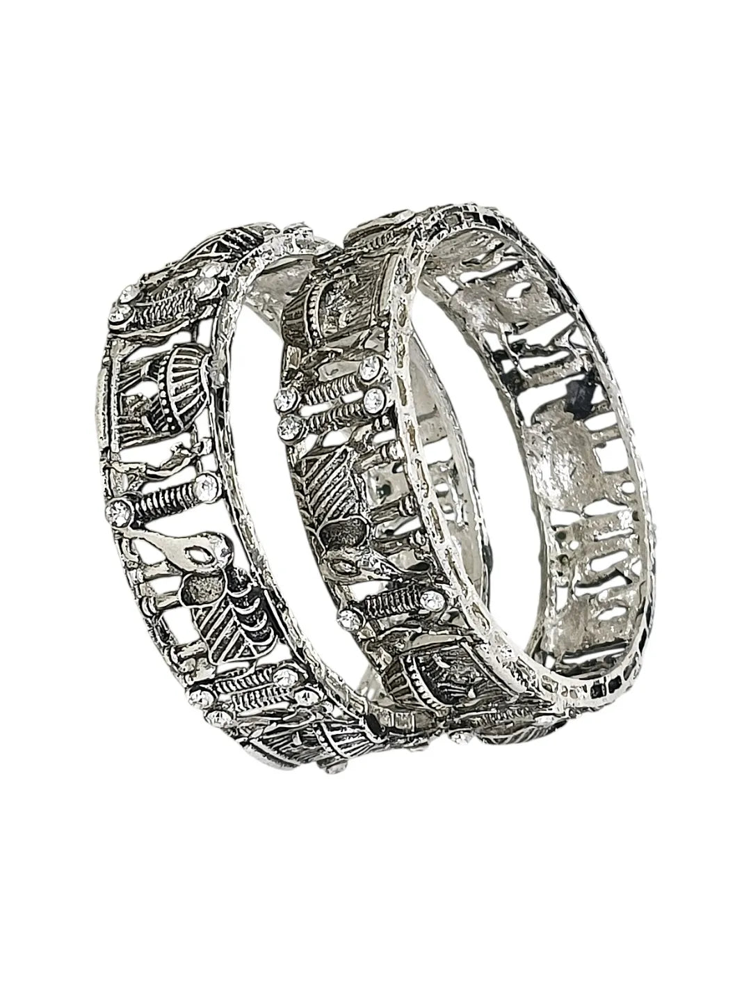 Set Of 2 Silver Oxidised CZ Elephant & Bridal Doli Motif Bangles