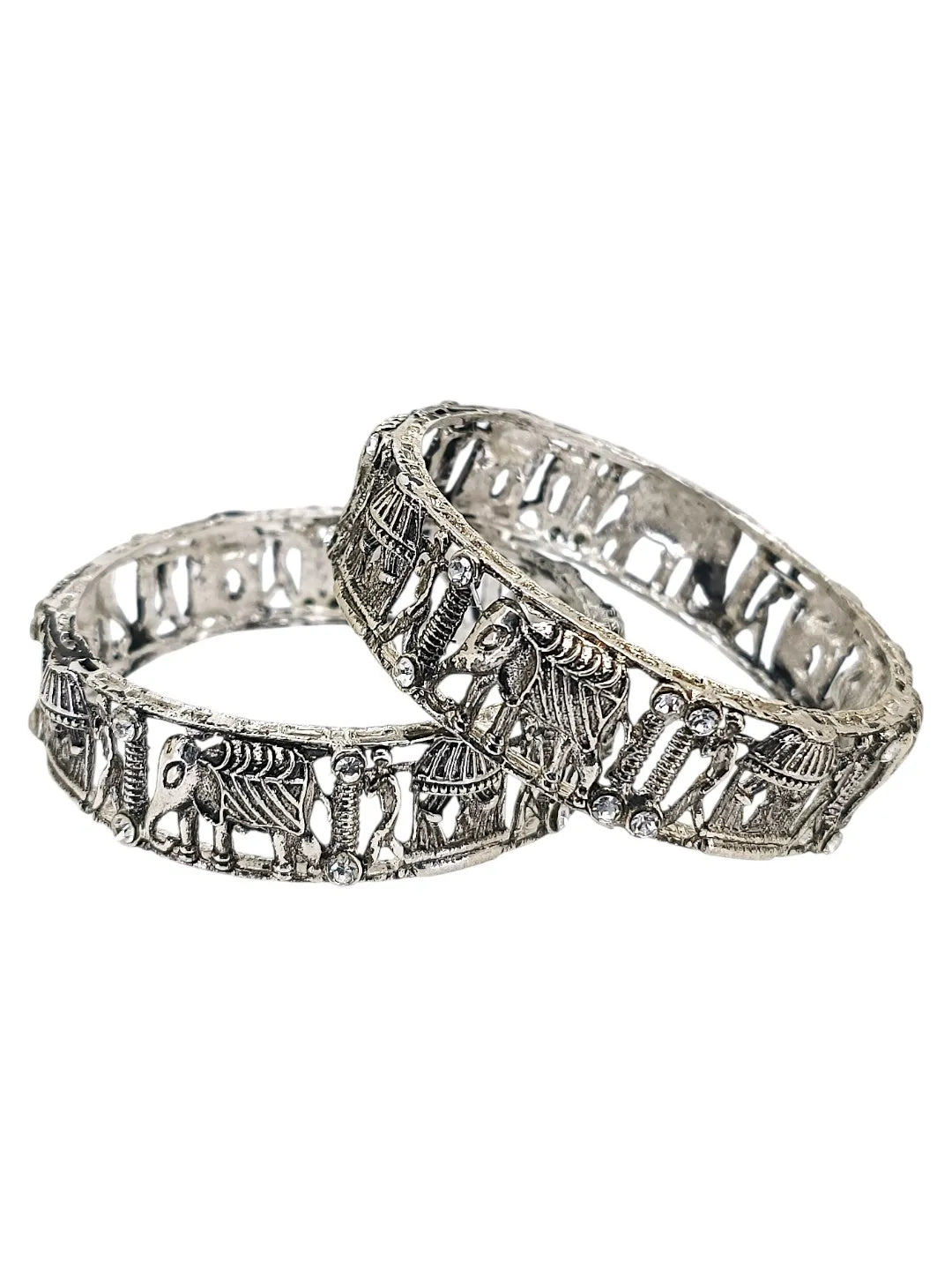 Set Of 2 Silver Oxidised CZ Elephant & Bridal Doli Motif Bangles