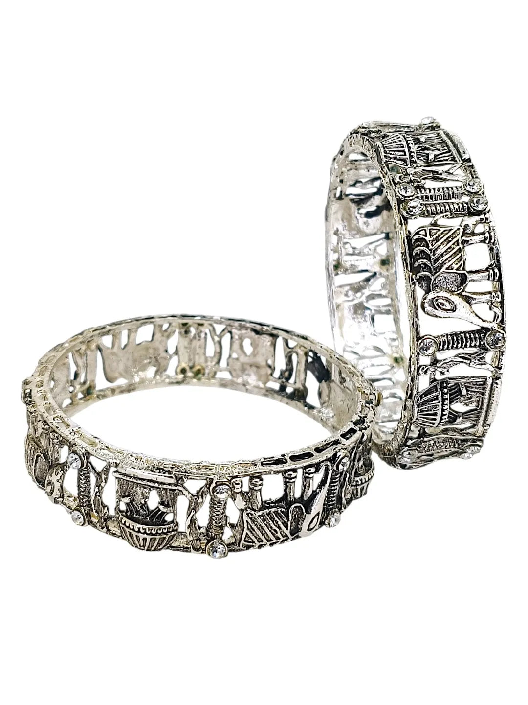 Set Of 2 Silver Oxidised CZ Elephant & Bridal Doli Motif Bangles