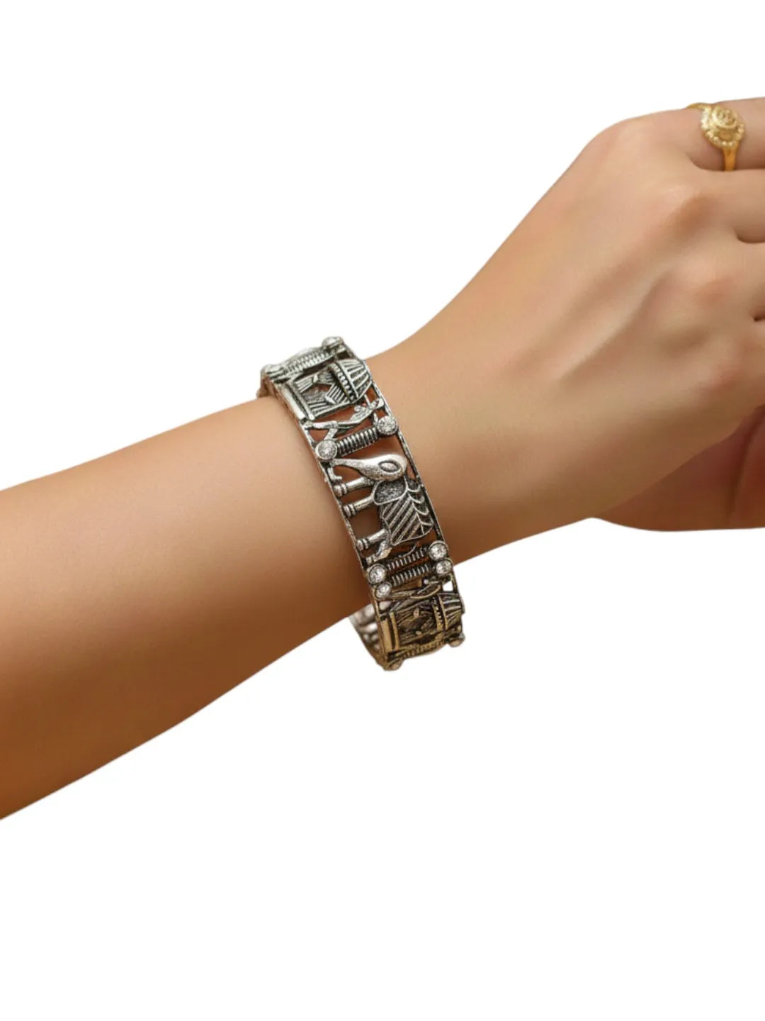 Set Of 2 Silver Oxidised CZ Elephant & Bridal Doli Motif Bangles
