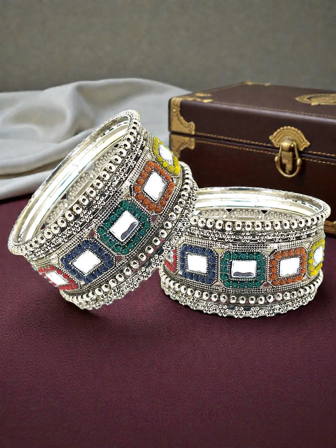 Set Of 10 Silver Oxidised Kundan Multicolor Chuda Bangle Set