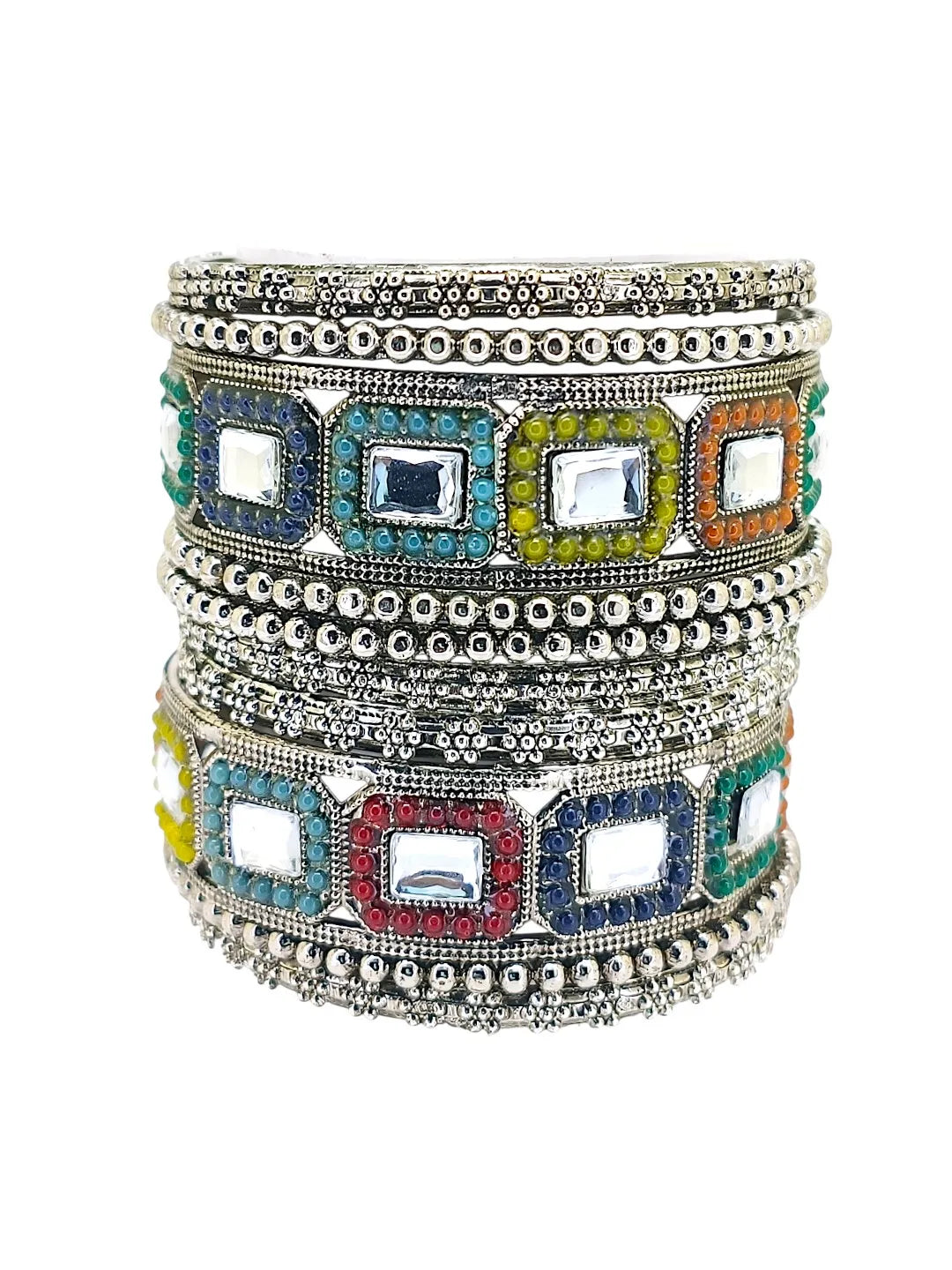 Set Of 10 Silver Oxidised Kundan Multicolor Chuda Bangle Set
