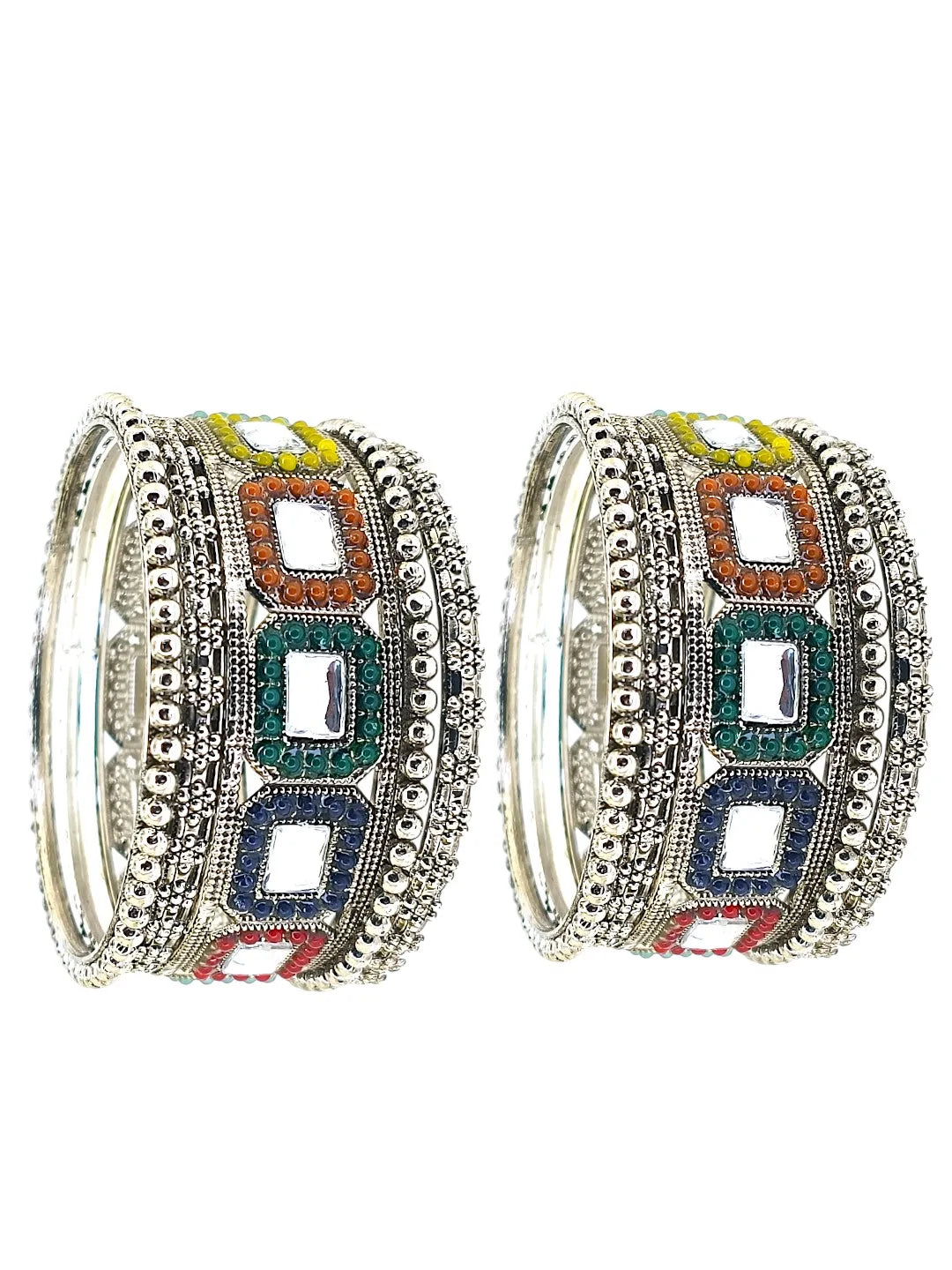 Set Of 10 Silver Oxidised Kundan Multicolor Chuda Bangle Set