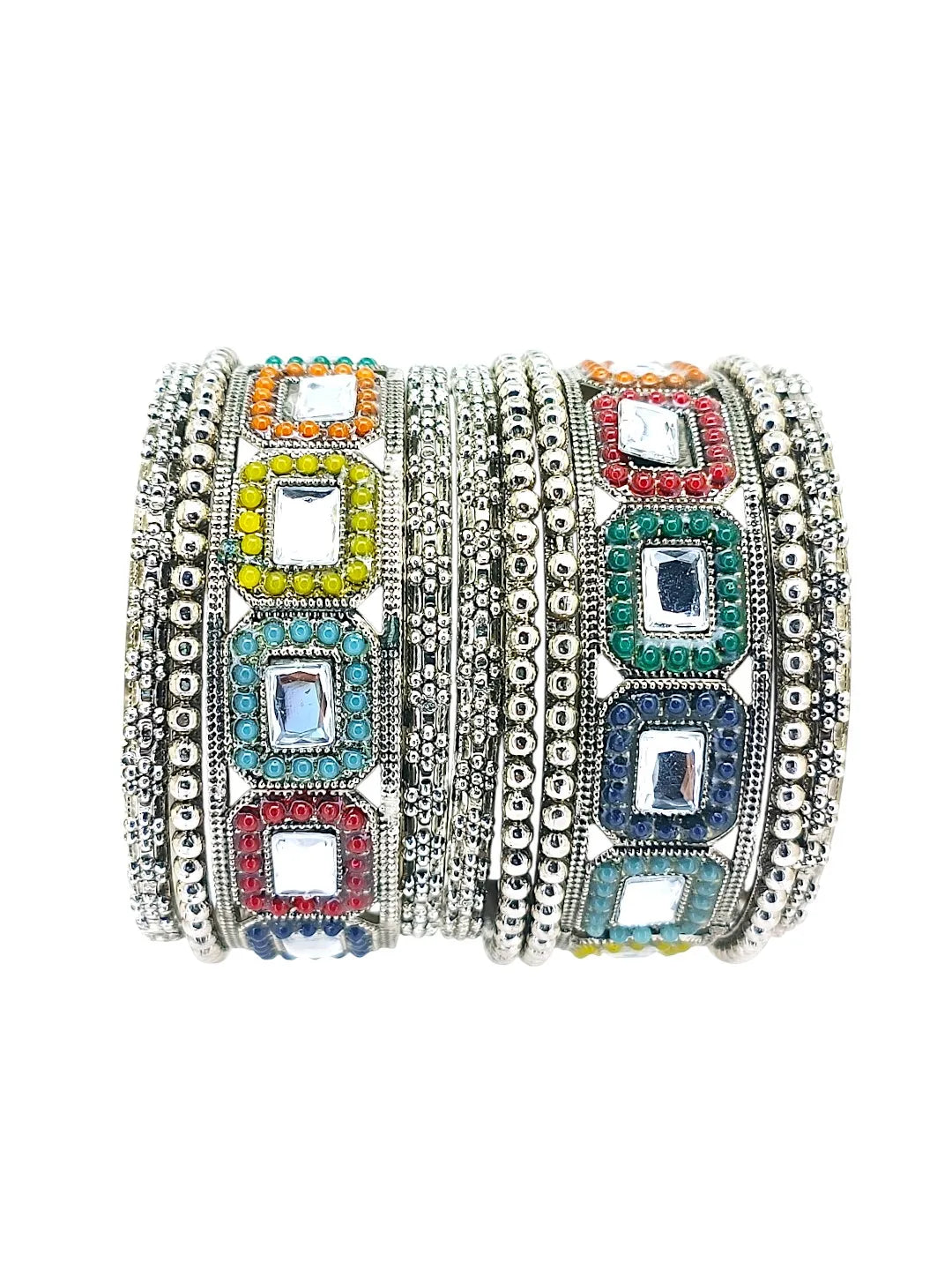 Set Of 10 Silver Oxidised Kundan Multicolor Chuda Bangle Set