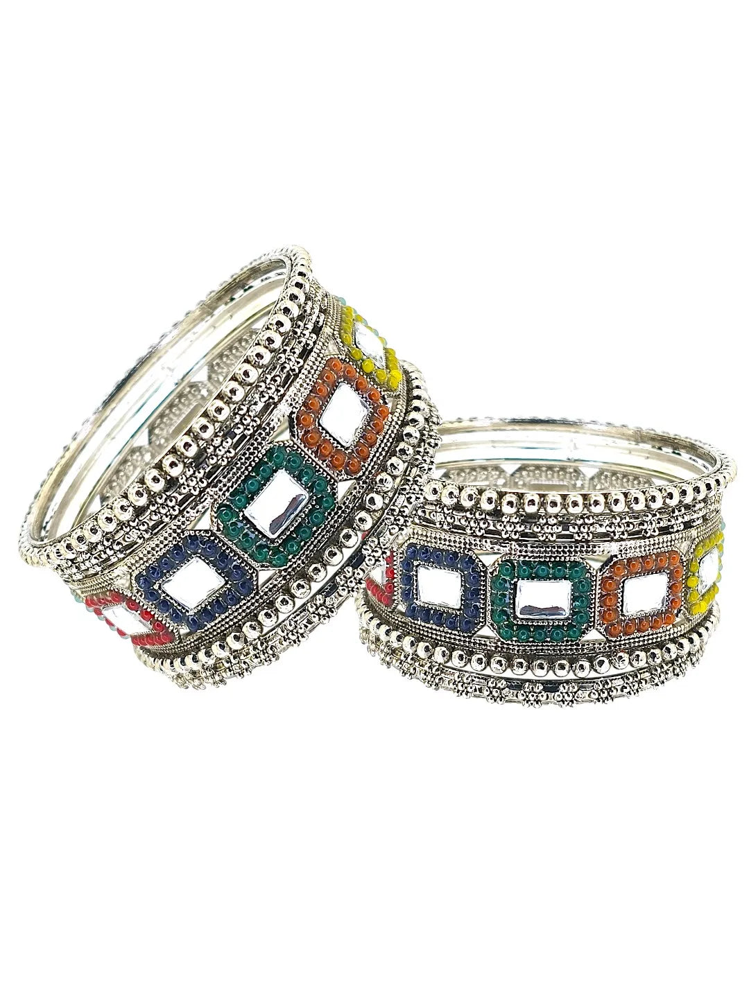 Set Of 10 Silver Oxidised Kundan Multicolor Chuda Bangle Set