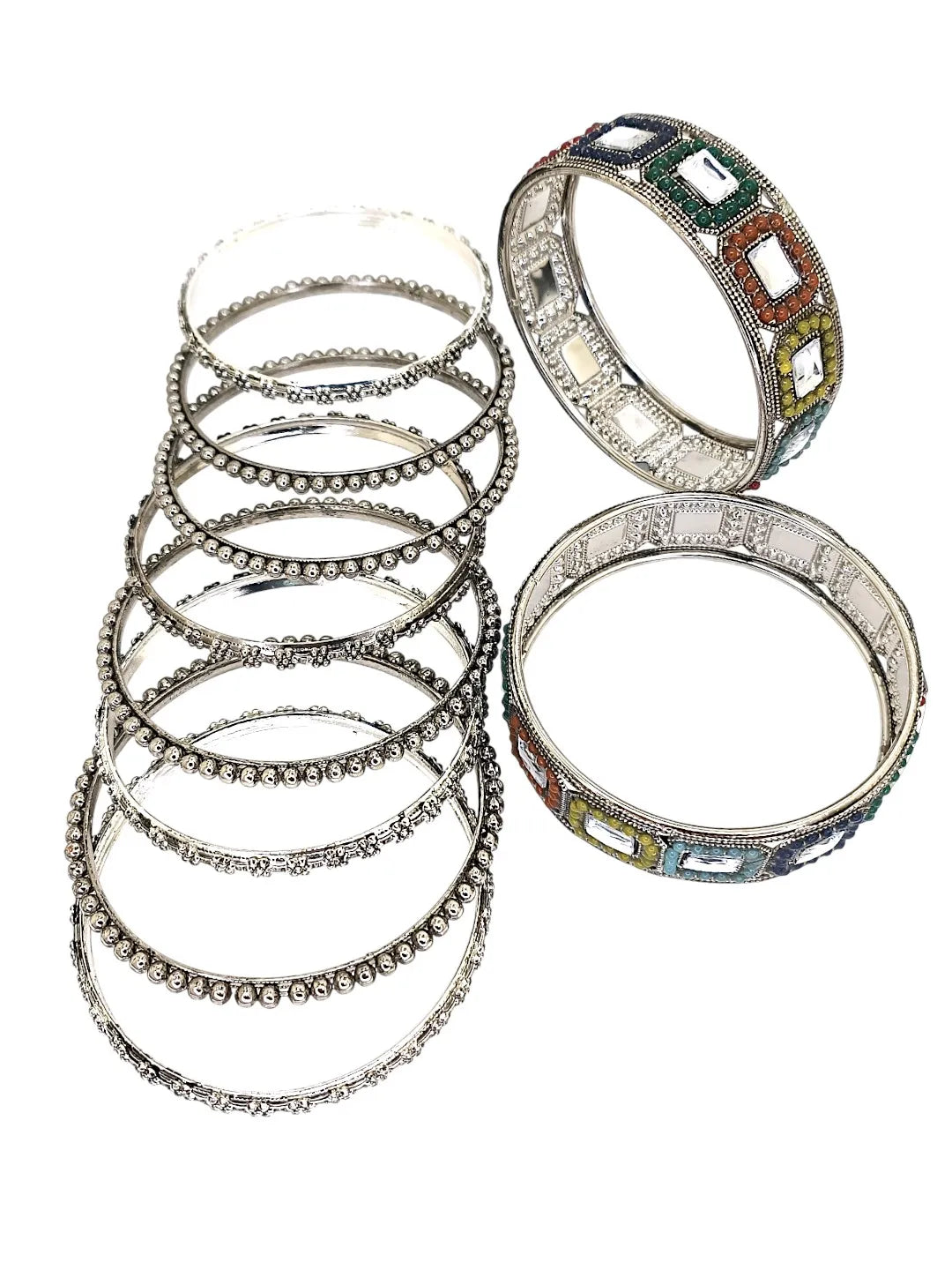 Set Of 10 Silver Oxidised Kundan Multicolor Chuda Bangle Set