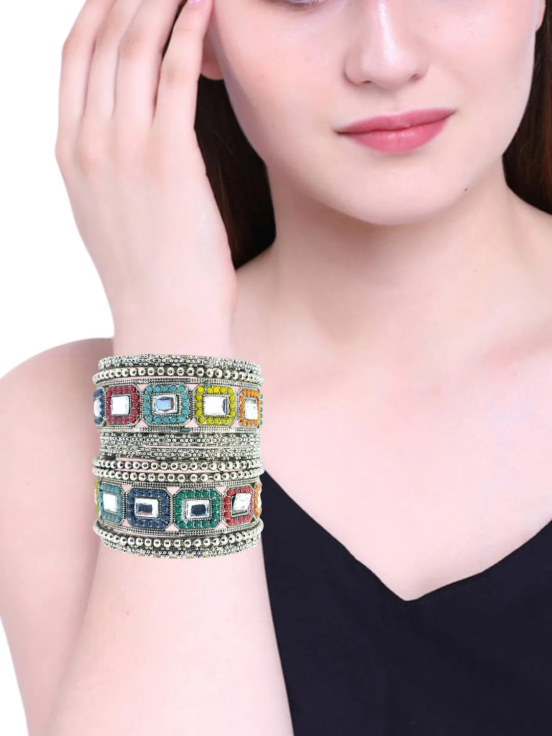 Set Of 10 Silver Oxidised Kundan Multicolor Chuda Bangle Set