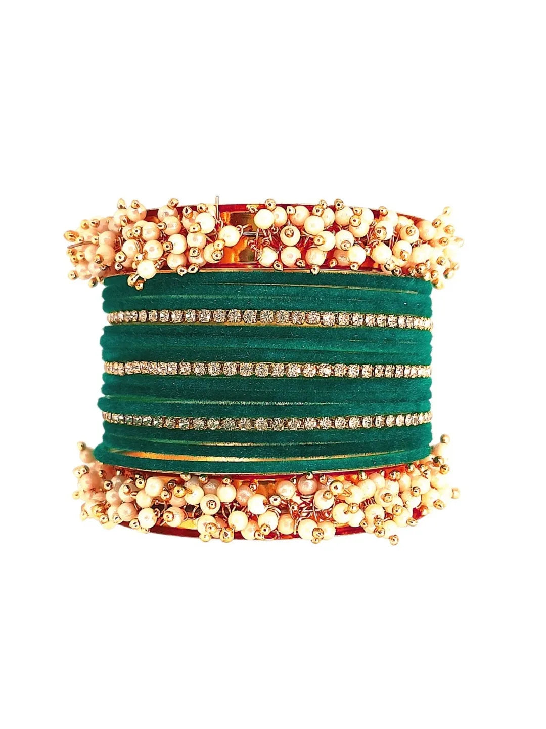 Set Of 17 Gold Plated CZ Green Velvet Bangle Set