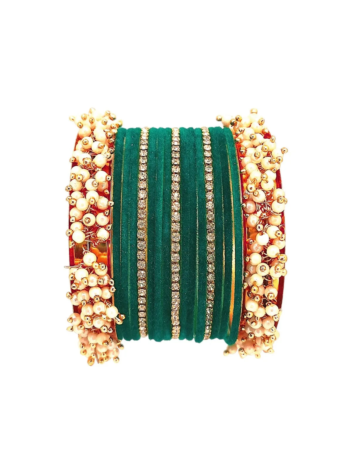 Set Of 17 Gold Plated CZ Green Velvet Bangle Set