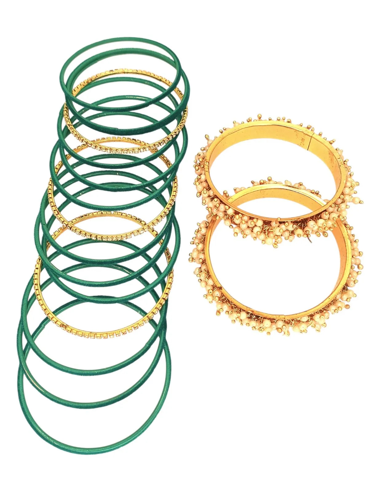 Set Of 17 Gold Plated CZ Green Velvet Bangle Set