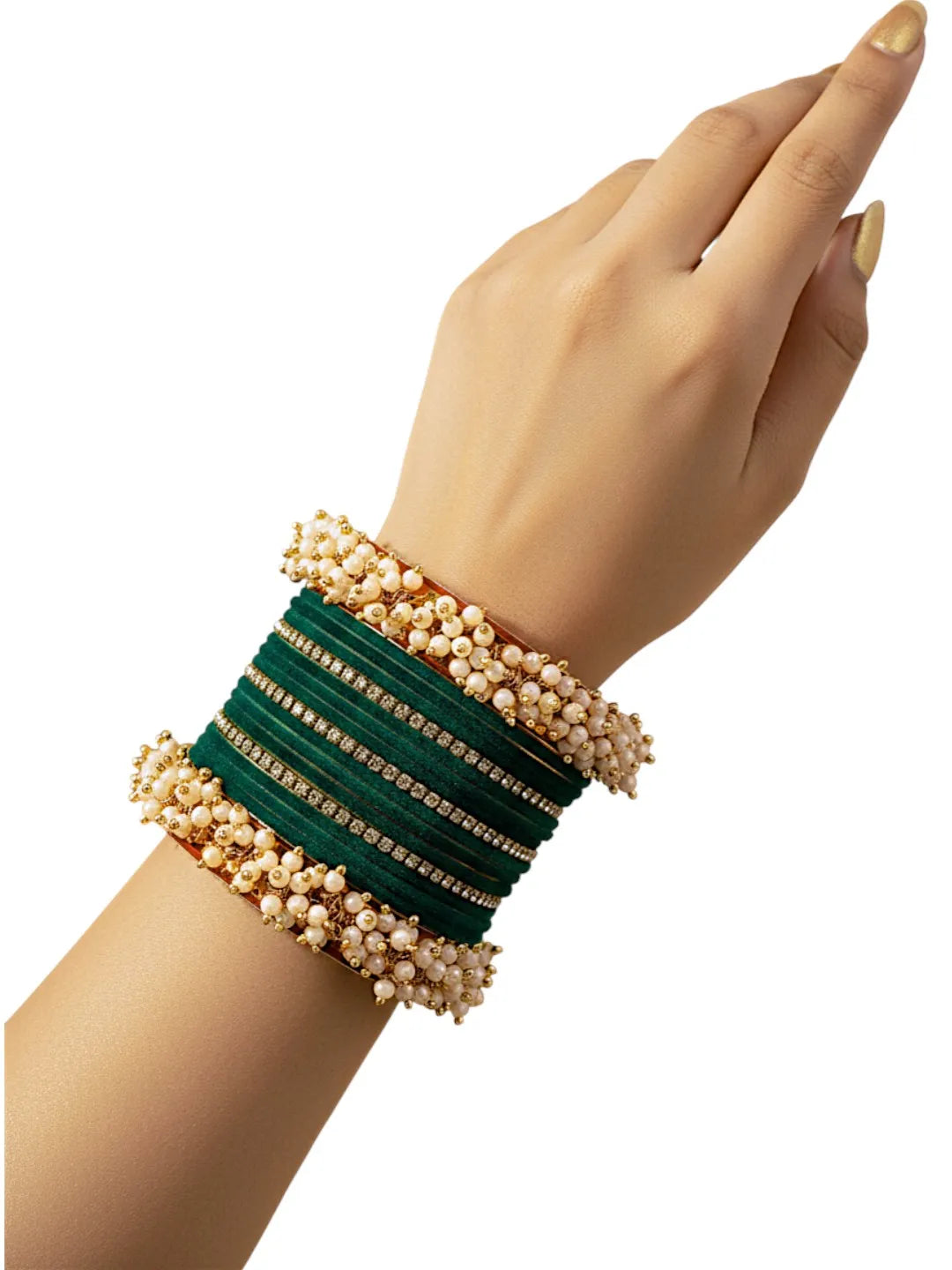 Set Of 17 Gold Plated CZ Green Velvet Bangle Set