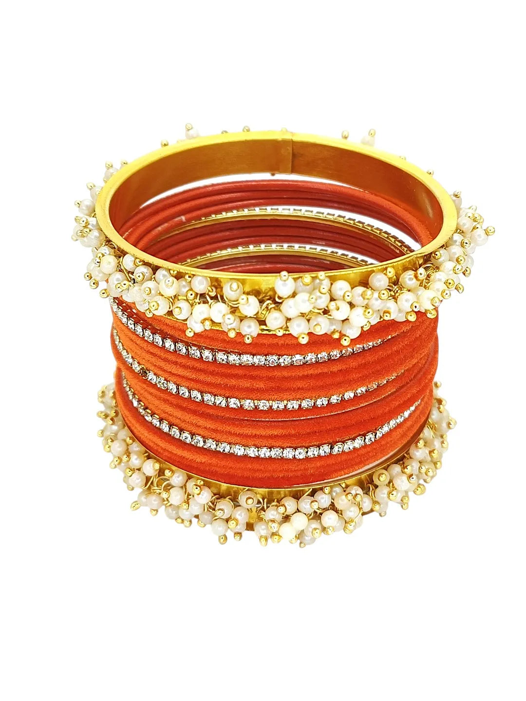 Set Of 17 Gold Plated Orange Velvet Bangle Set