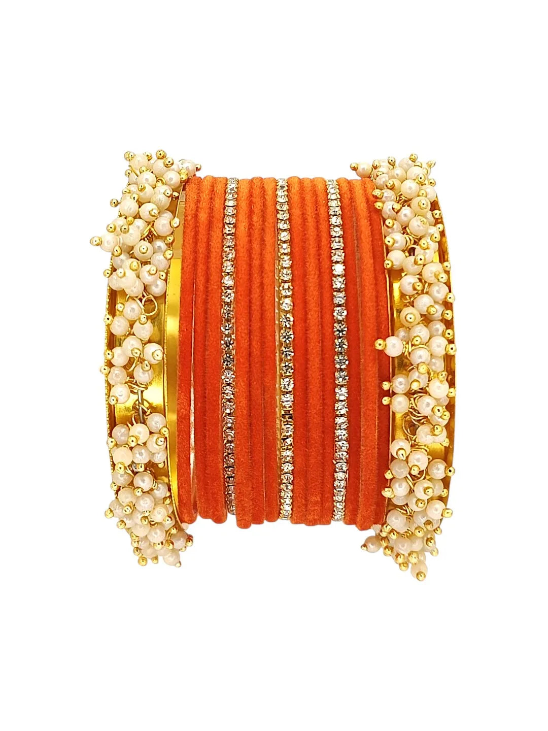 Set Of 17 Gold Plated Orange Velvet Bangle Set