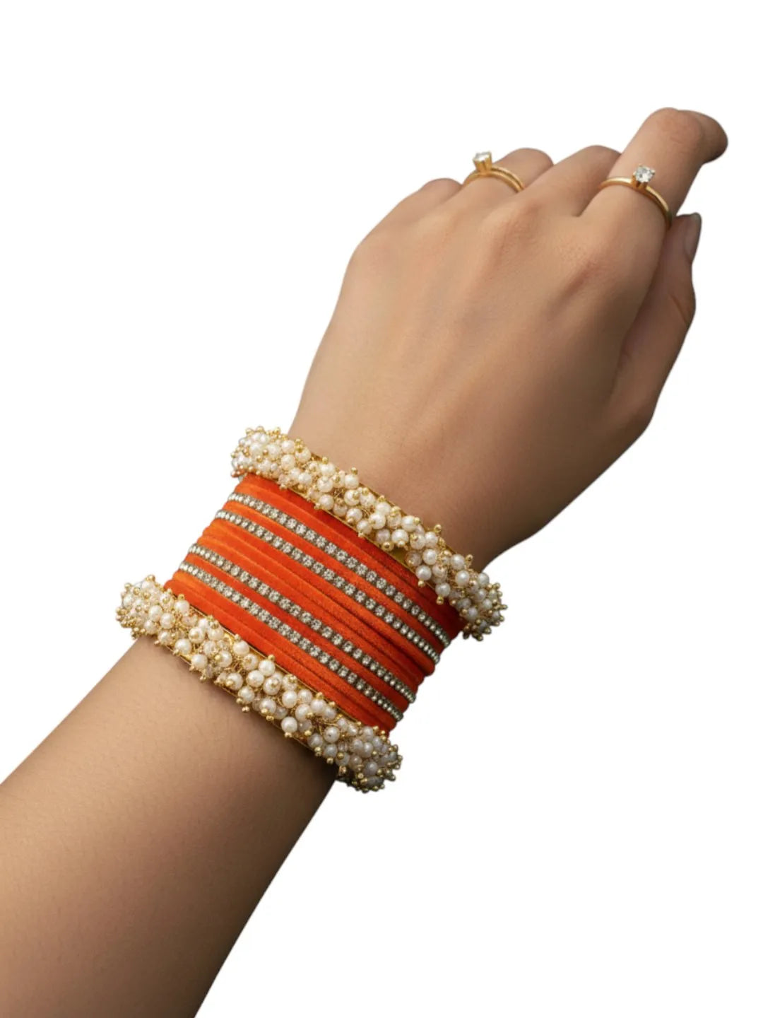 Set Of 17 Gold Plated Orange Velvet Bangle Set