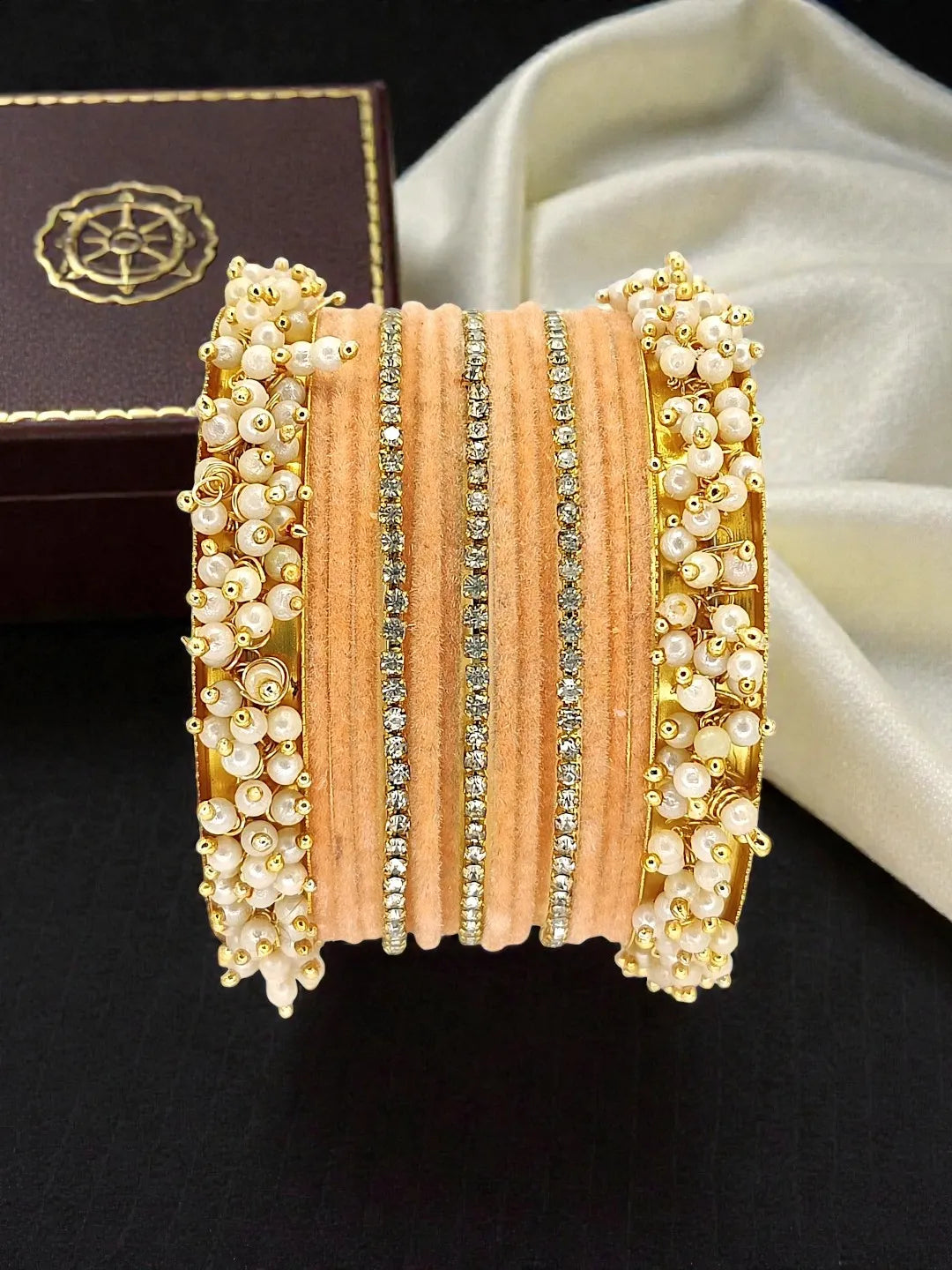 Set Of 17 Gold Plated CZ Peach Velvet Bangle Set