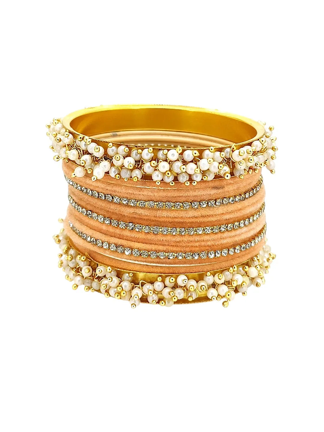Set Of 17 Gold Plated CZ Peach Velvet Bangle Set