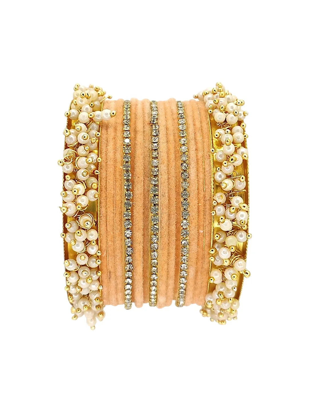 Set Of 17 Gold Plated CZ Peach Velvet Bangle Set