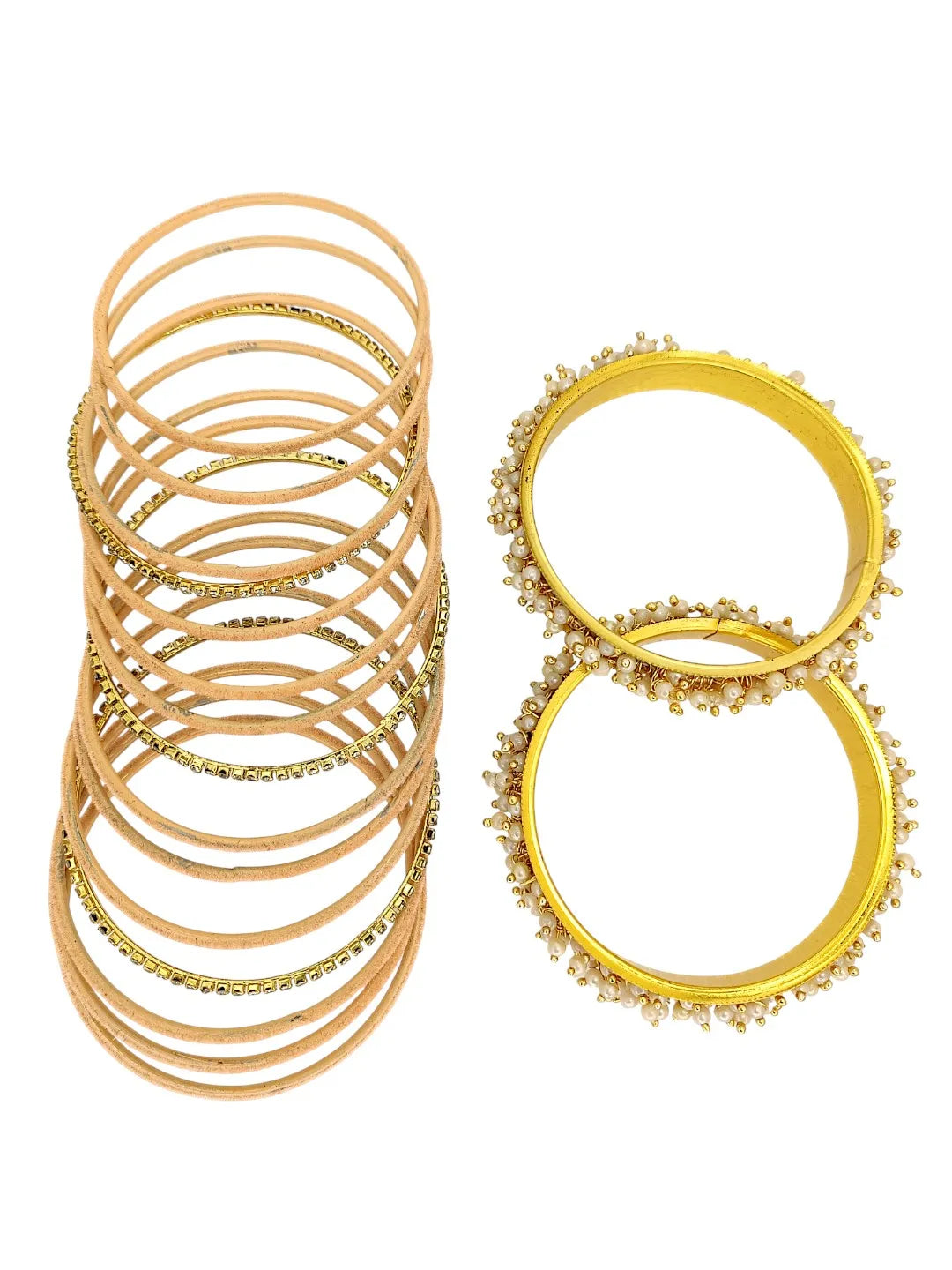 Set Of 17 Gold Plated CZ Peach Velvet Bangle Set