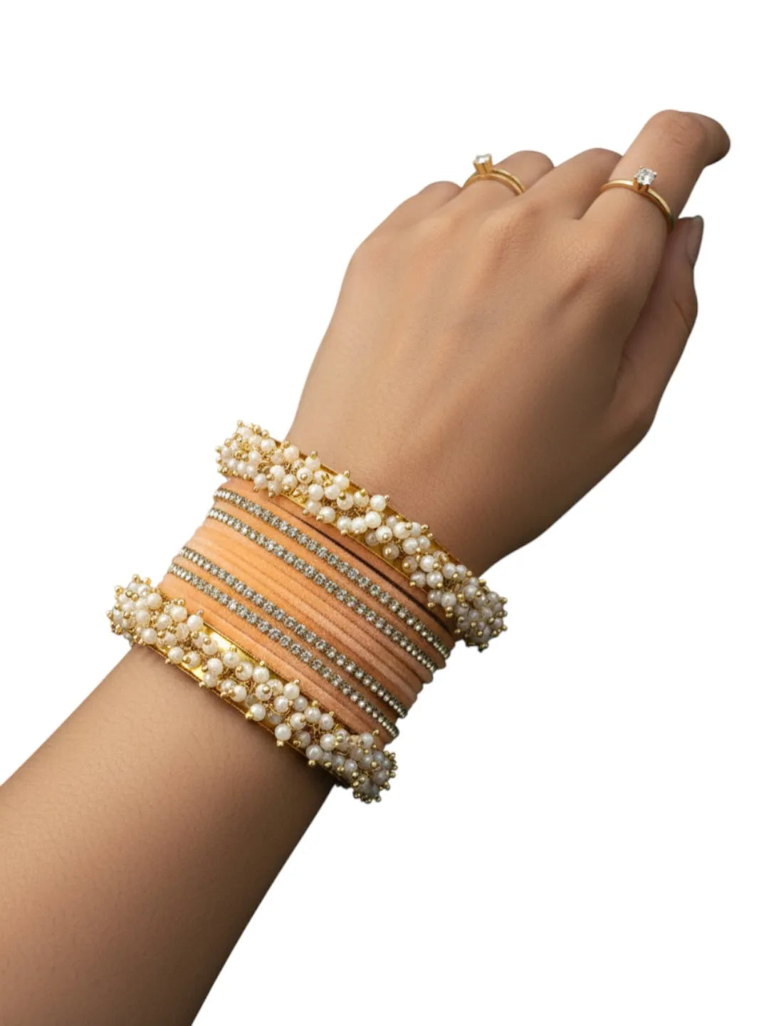 Set Of 17 Gold Plated CZ Peach Velvet Bangle Set