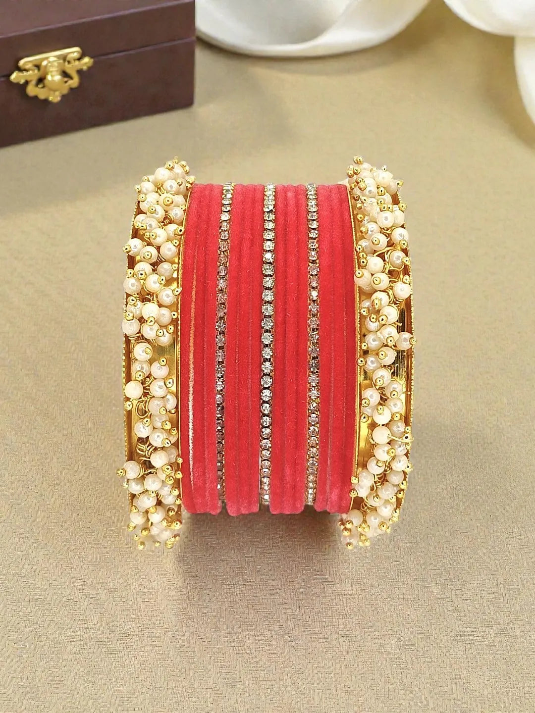 Set Of 17 Gold Plated Pink Velvet Bridal Chuda Set