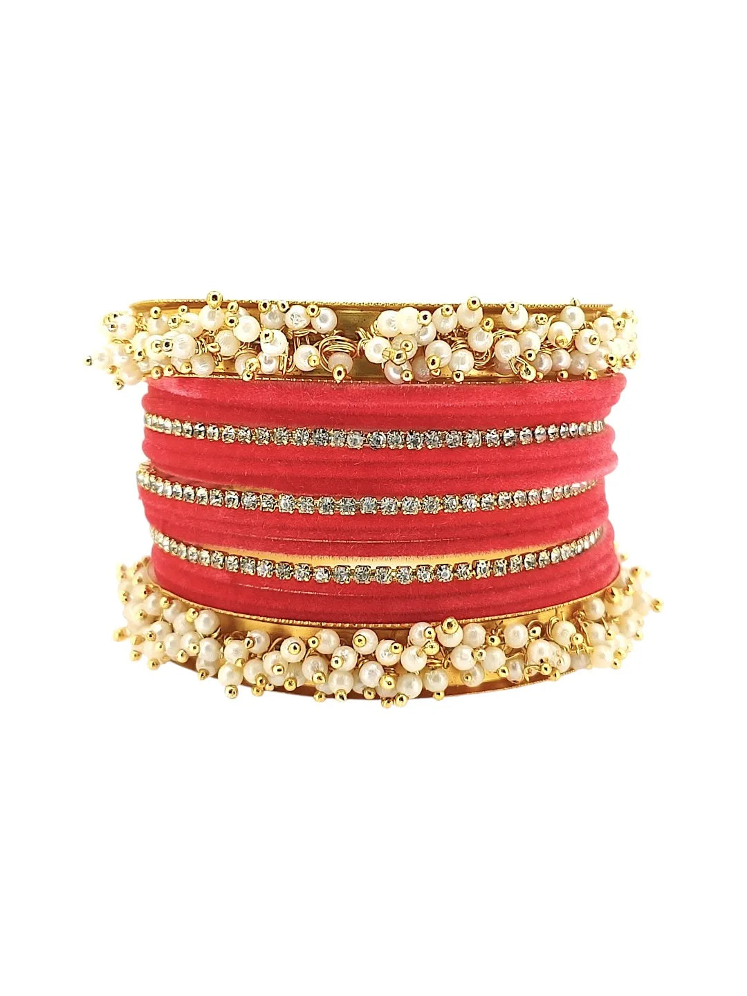 Set Of 17 Gold Plated Pink Velvet Bridal Chuda Set