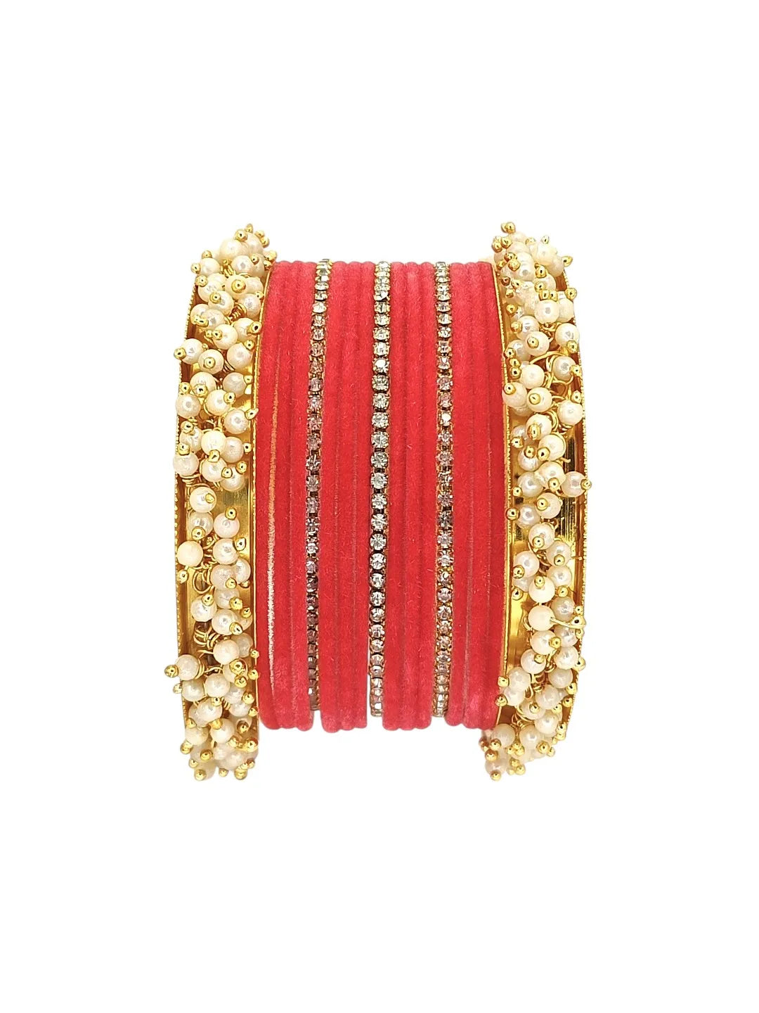 Set Of 17 Gold Plated Pink Velvet Bridal Chuda Set