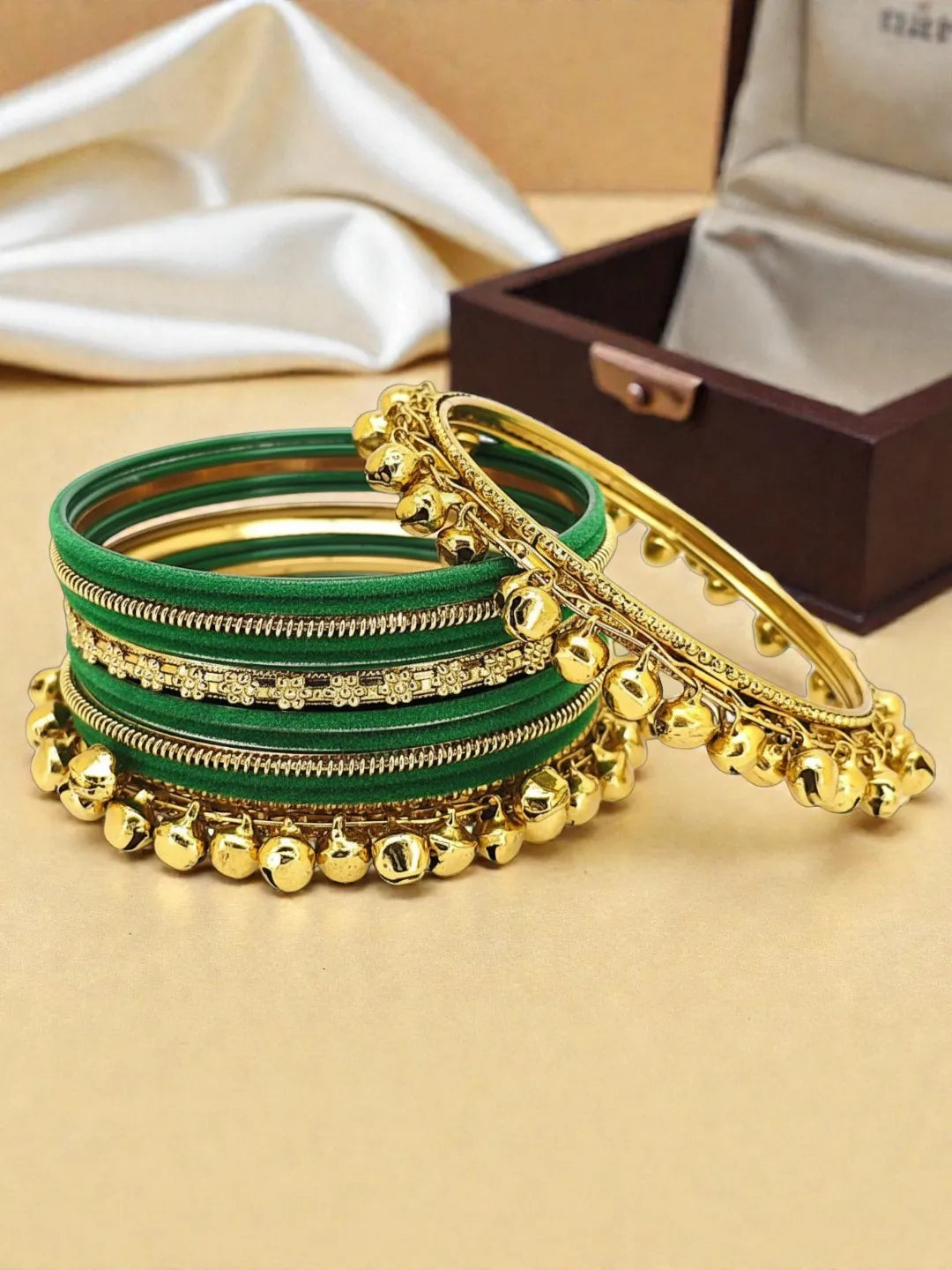 Set Of 13 Gold Plated Ghungroo Green Velvet Bangle Set