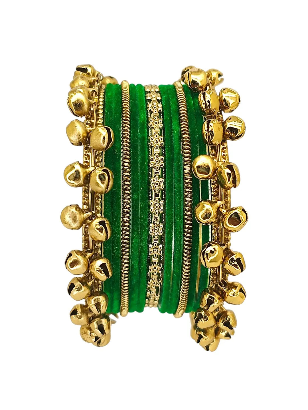 Set Of 13 Gold Plated Ghungroo Green Velvet Bangle Set
