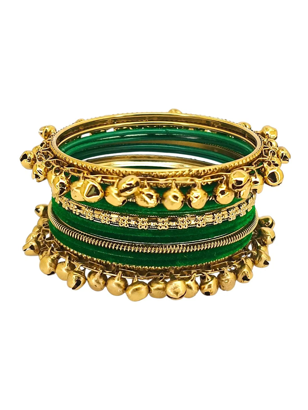 Set Of 13 Gold Plated Ghungroo Green Velvet Bangle Set