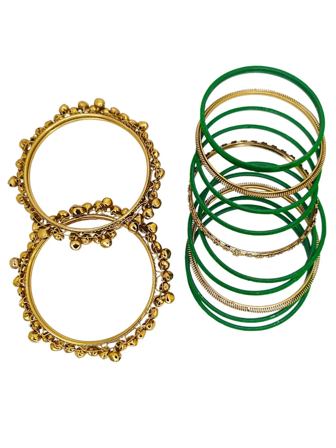 Set Of 13 Gold Plated Ghungroo Green Velvet Bangle Set