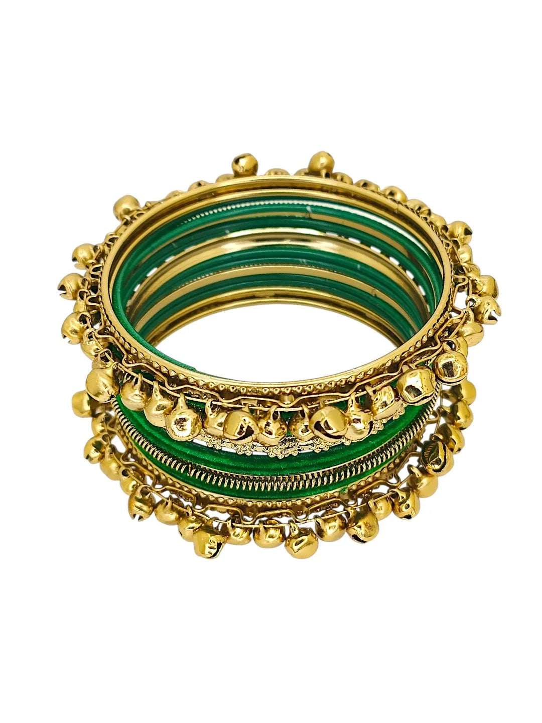 Set Of 13 Gold Plated Ghungroo Green Velvet Bangle Set