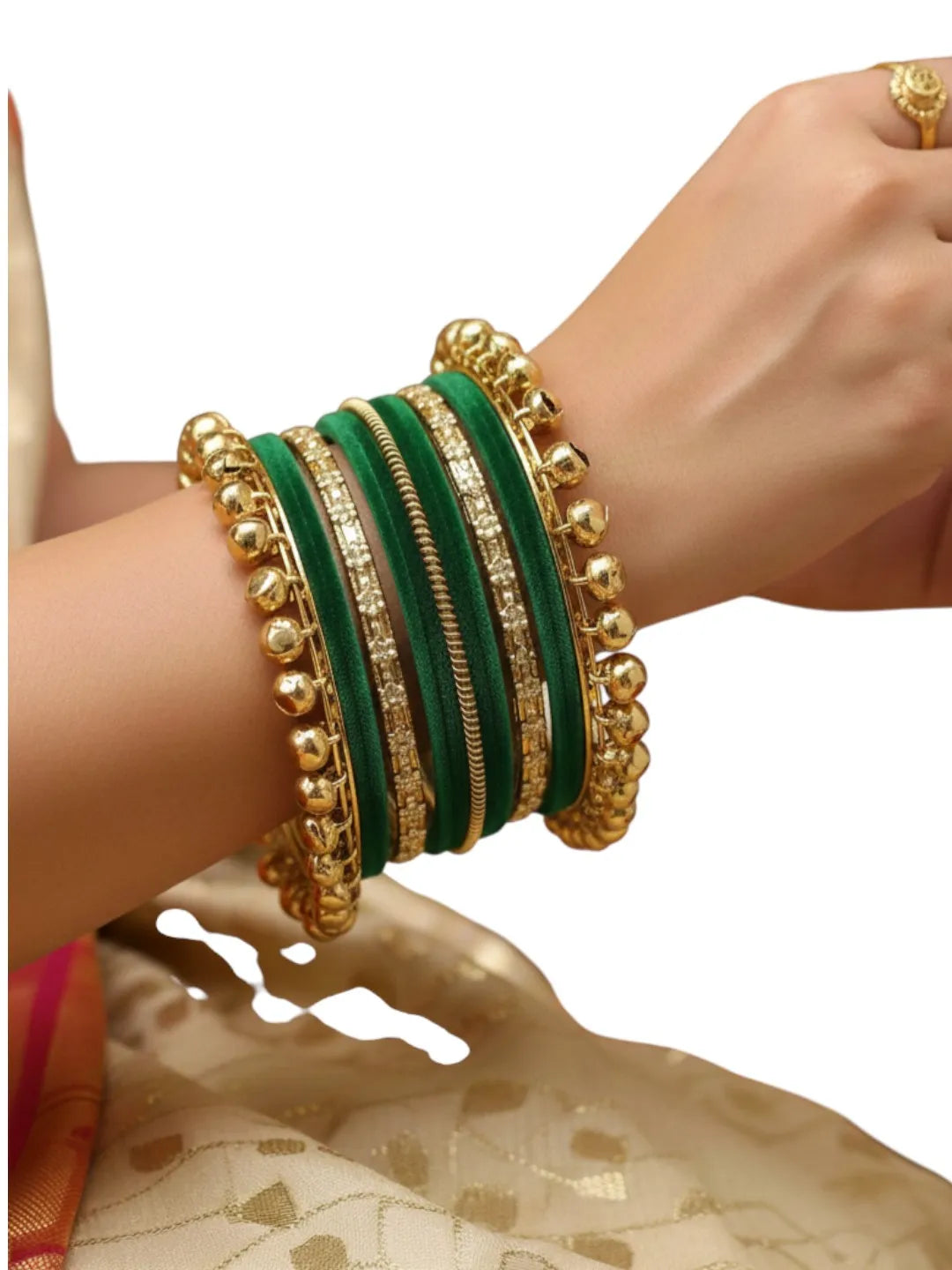 Set Of 13 Gold Plated Ghungroo Green Velvet Bangle Set