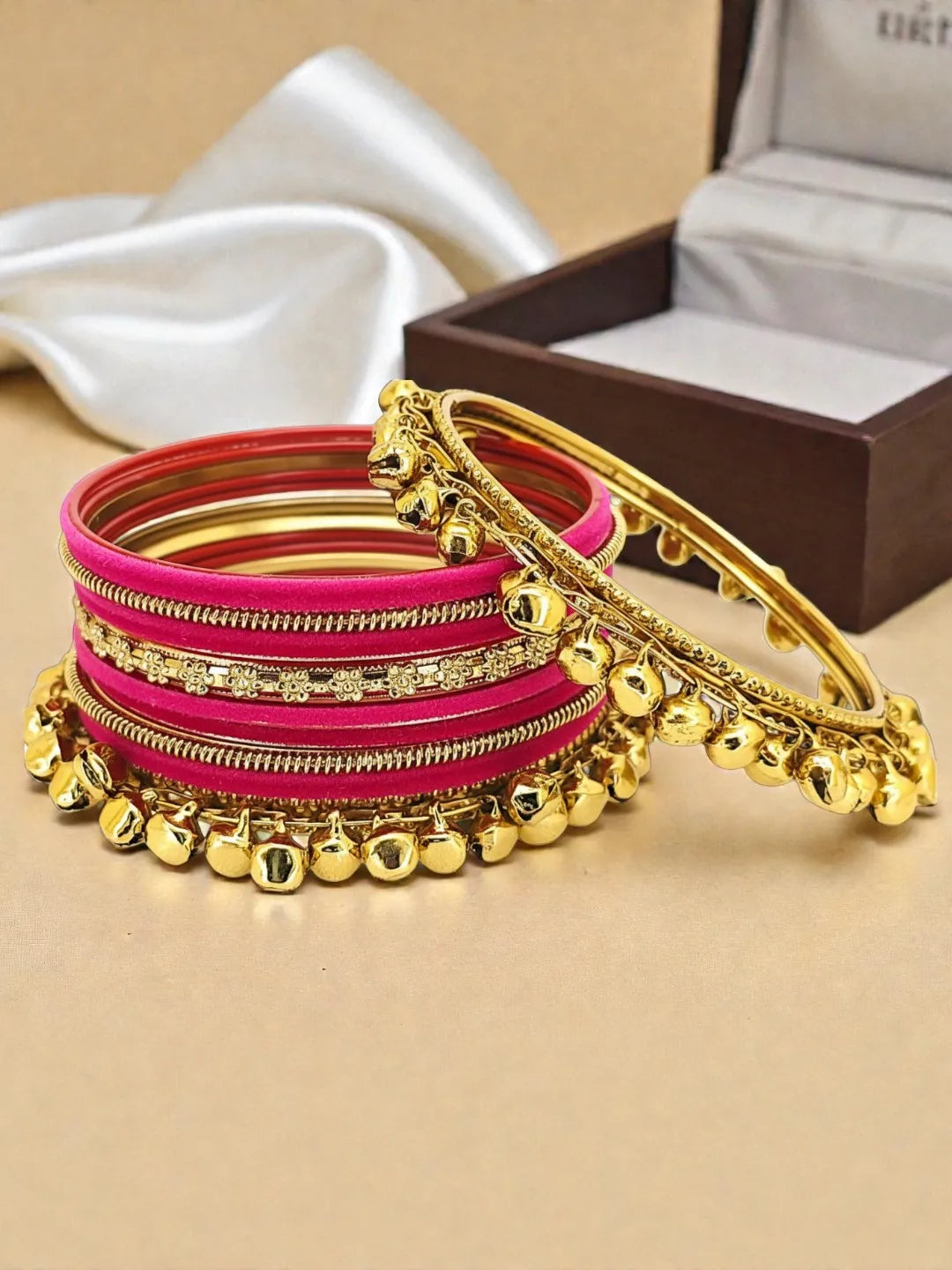 Set Of 13 Gold Plated Ghungroo Rani Velvet Bangle Set