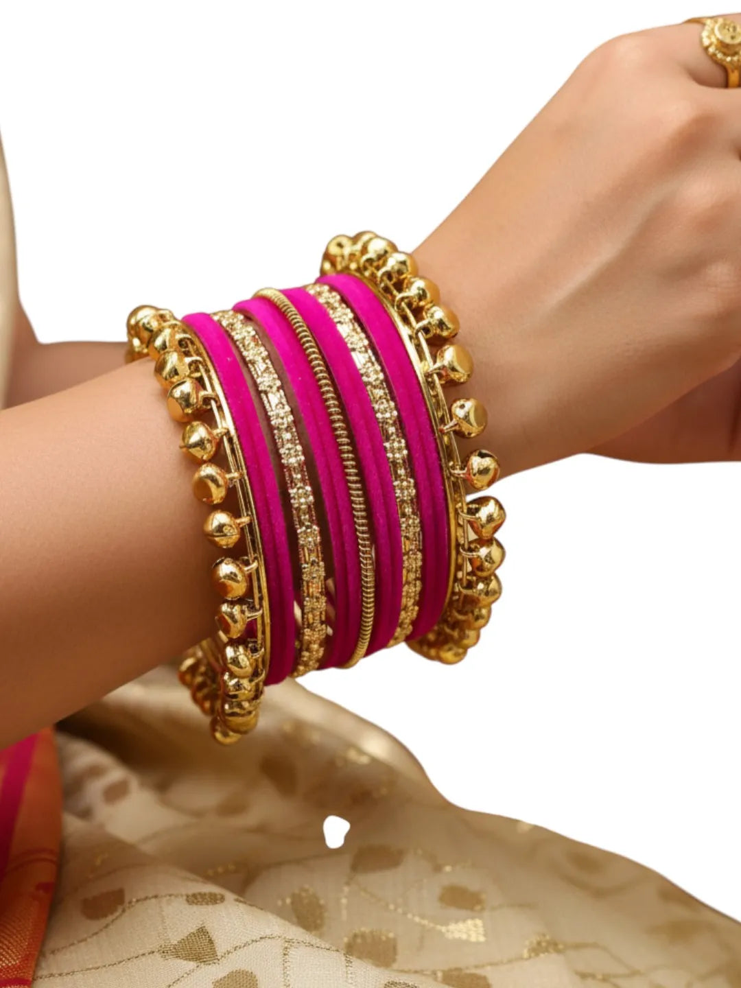 Set Of 13 Gold Plated Ghungroo Rani Velvet Bangle Set