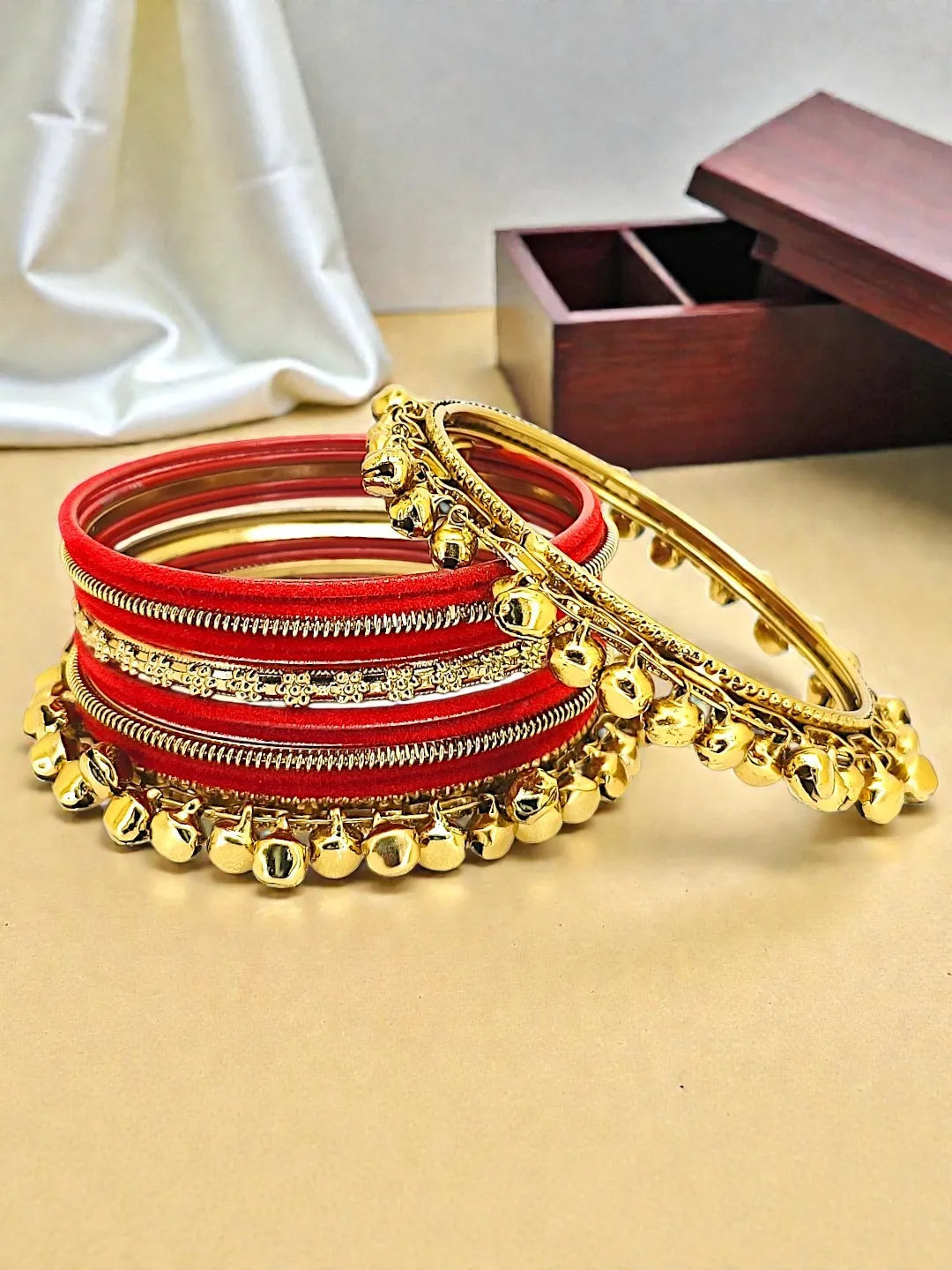 Set Of 13 Gold Plated Ghungroo Red Velvet Bangle Set