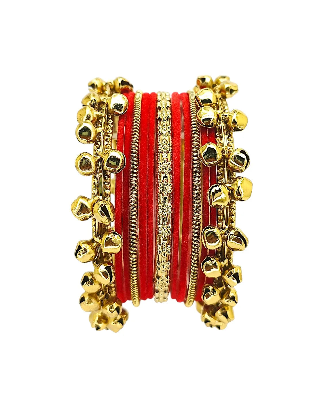 Set Of 13 Gold Plated Ghungroo Red Velvet Bangle Set