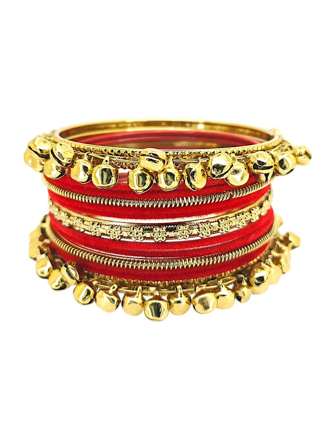 Set Of 13 Gold Plated Ghungroo Red Velvet Bangle Set