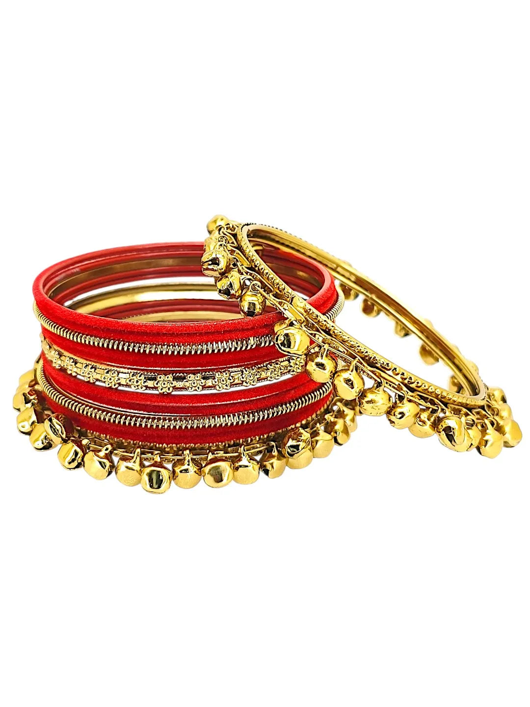 Set Of 13 Gold Plated Ghungroo Red Velvet Bangle Set