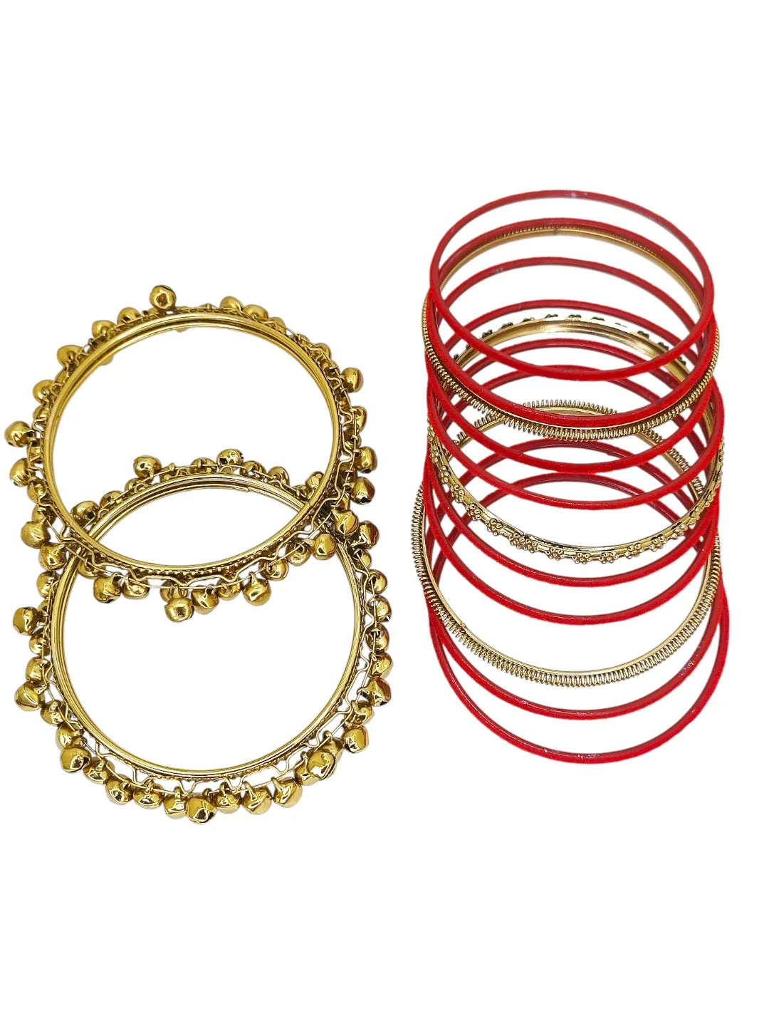 Set Of 13 Gold Plated Ghungroo Red Velvet Bangle Set