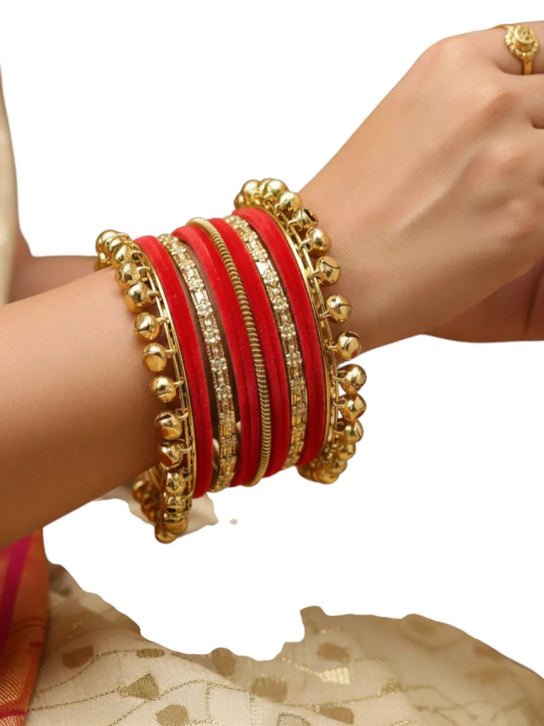 Set Of 13 Gold Plated Ghungroo Red Velvet Bangle Set