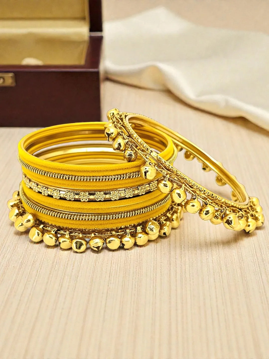 Set Of 13 Gold Plated Ghungroo Yellow Velvet Chuda Set
